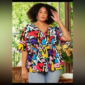 NEW Geometric pattern flutter sleeves peplum blouse size 22 🌹